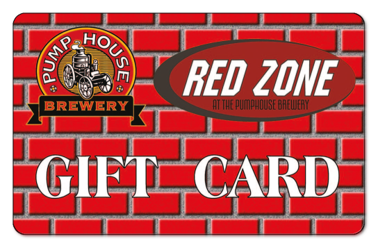 pump house logo and red zone logo on a red brick background